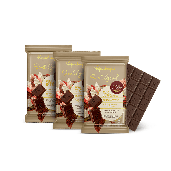 Kit Tablete 70% Cacau com Nibs Soul Good 30G - 3 Un